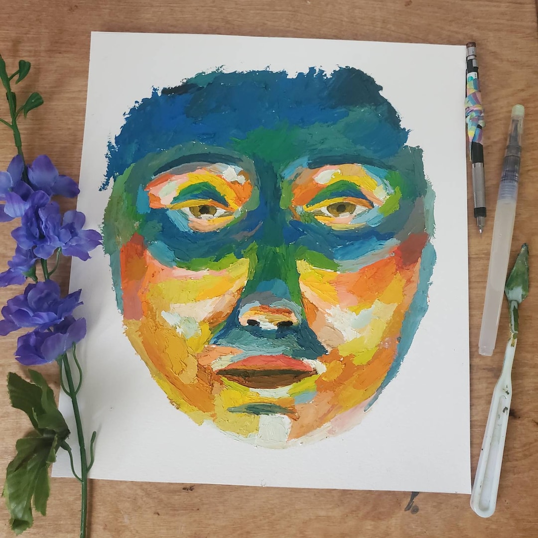 Abstrait coloré portrait menaçant, peinture à l'huile au couteau sur