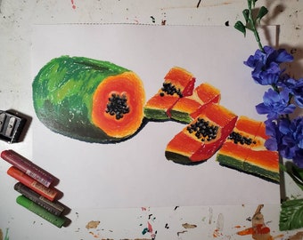 Papaya Oil Pastel Fruit Drawing Colorful Still Life Food Illustration Kitchen Dining Room Contemporary Abstract Wall Art Decor