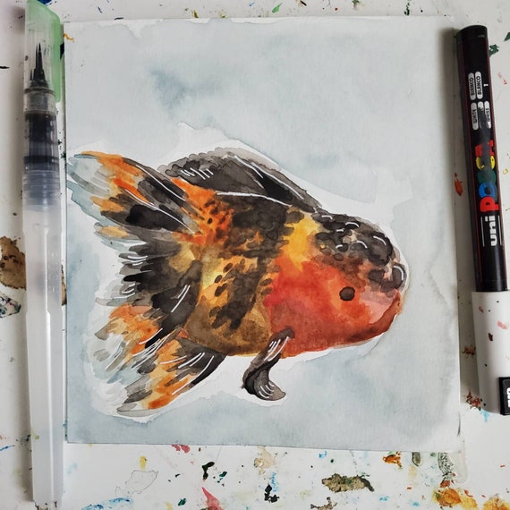 金魚の絵画イラスト 6 x 6 小さな魚 オイルパステルマーカー 水彩