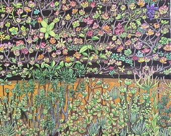 Big Succulent Garden in Backyard and Fence Illustration Original Alcohol Marker Ink Drawing on Paper Hand Drawn Plant Wall Art