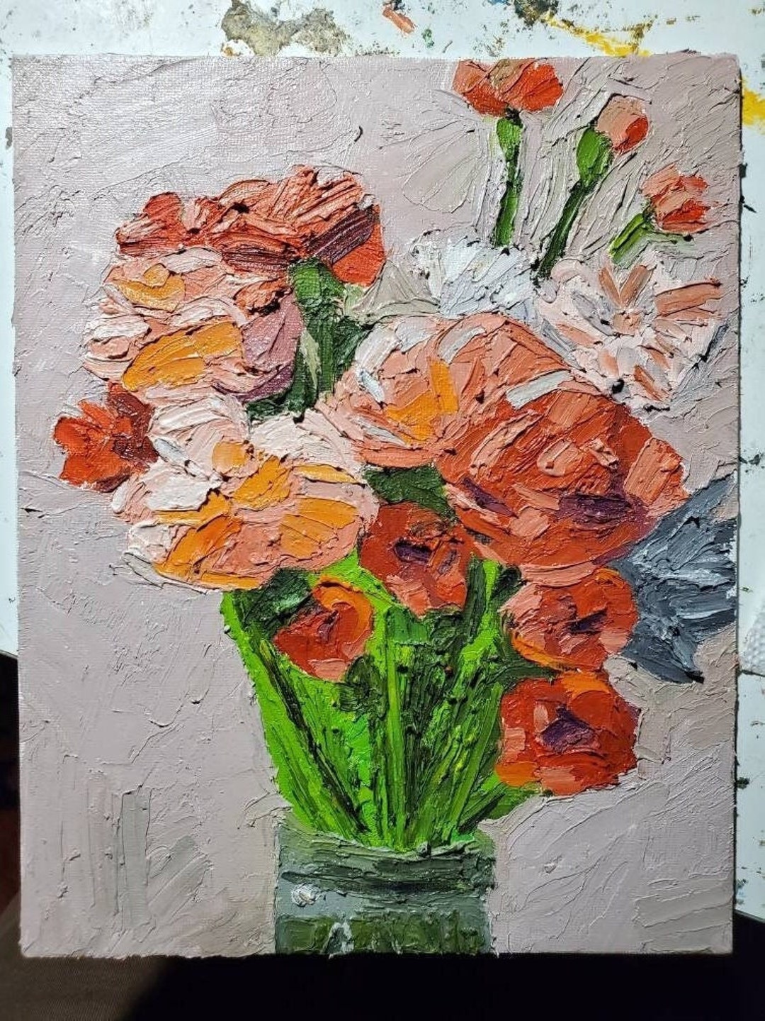 Carnations Palette Knife Oil Painting Original Flower Bouquet Art ...