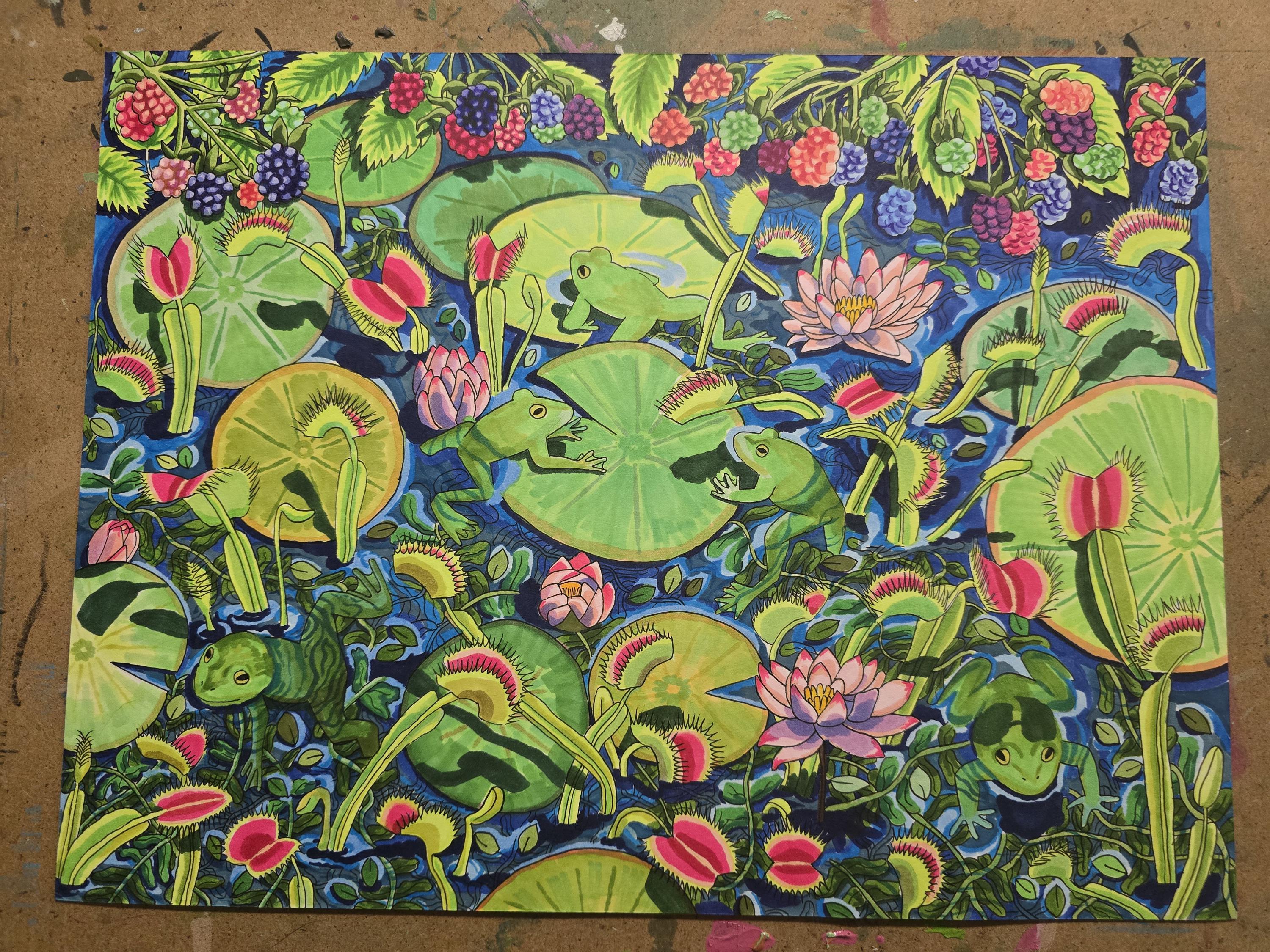 Frogs in Pond Picking Blackberries with Growing Venus Fly Trap Plants Original Alcohol Marker Drawing on Paper Abstract Weird Wall Art