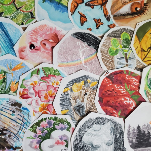 Assorted Hand Drawn Circle Stickers Original Colored Pencil Marker Artwork