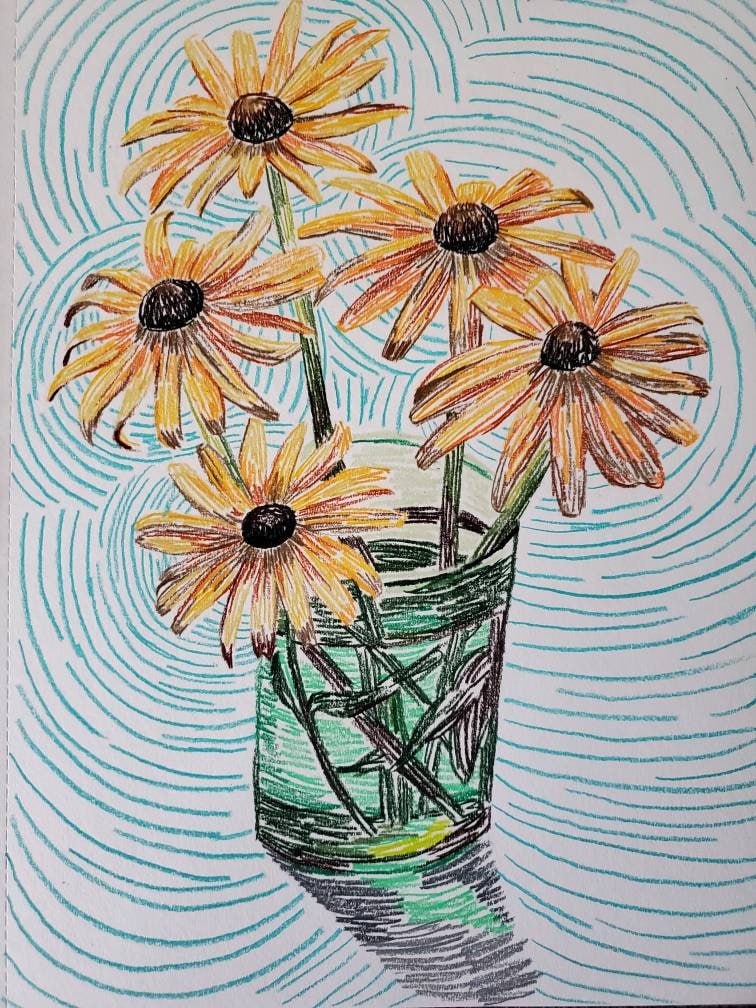 花の色鉛筆で描いた抽象的な静物画、カラフルなオリジナル花瓶の