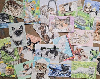 Tiny Cat Portraits Cute Colored Pencil Animal Drawings on Paper Original Small Cat Wall Art