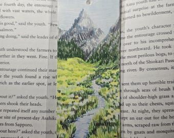 Scandanavian Mountainside with River Landscape Bookmark Drawing Original Hand Drawn Colored Pencil Bookmark with Plastic Sleeve