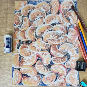 Orange Slices Abstract Colored Pencil Drawing on Toned Paper Fruit Illustration Kitchen Dining Room Colorful Wall Art