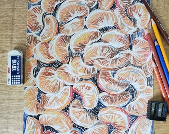 Orange Slices Abstract Colored Pencil Drawing on Toned Paper Fruit Illustration Kitchen Dining Room Colorful Wall Art