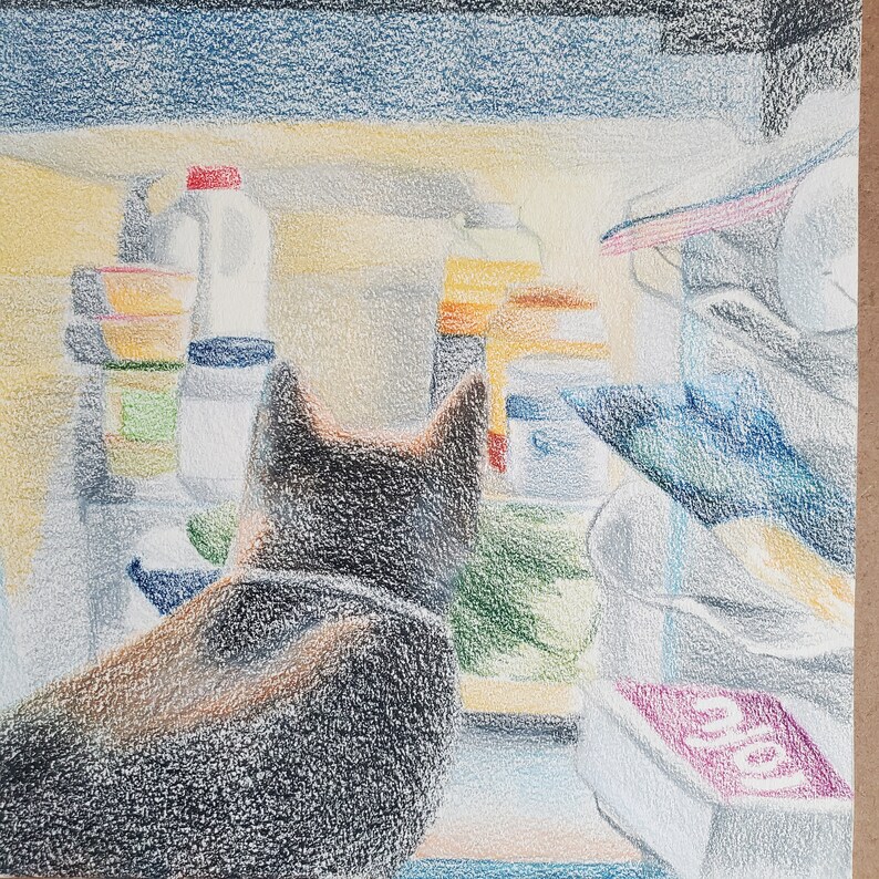 Semi Realistic Cat Looking in Fridge Colored Pencil Drawing Original Surreal Animal Wall Art image 2