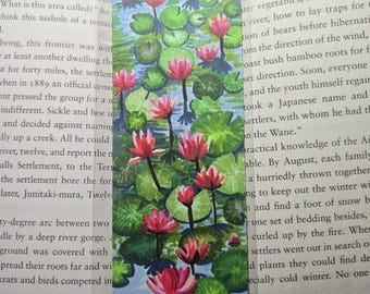 Lotus Flowers and Lily Pads in a Pond Bookmark Drawing Original Alcohol Marker Illustration on Paper Bookmark with Plastic Sleeve