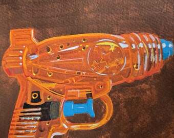 Neon Orange Water Gun Toy Water Pistol Gouache Painting Colorful Still Life Wall Art on Paper