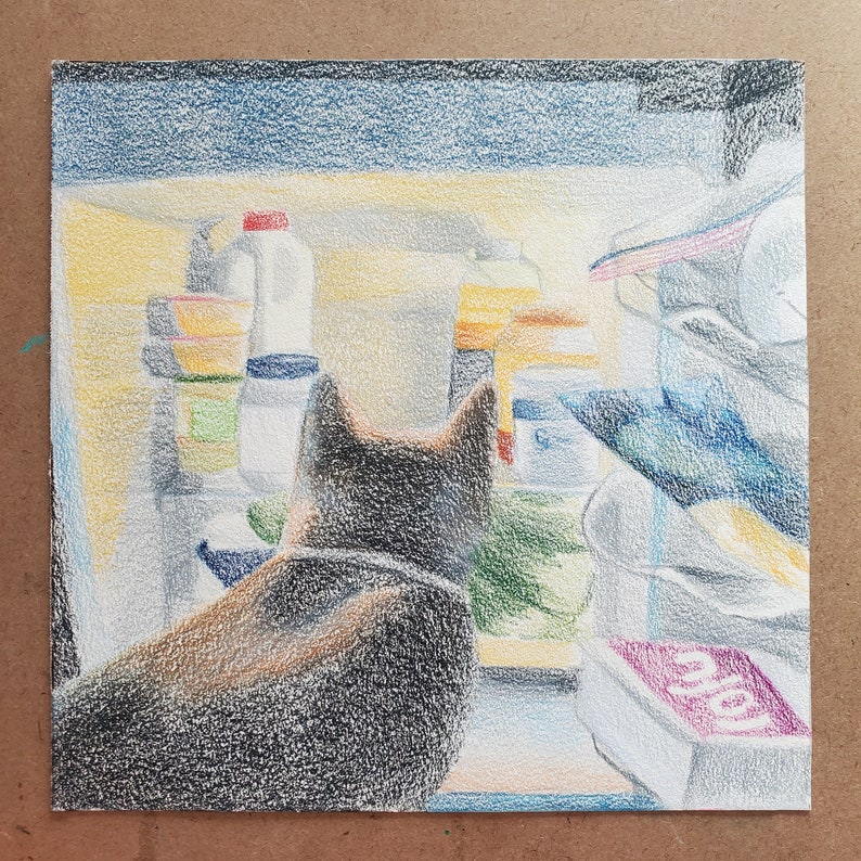 Semi Realistic Cat Looking in Fridge Colored Pencil Drawing Original Surreal Animal Wall Art image 1