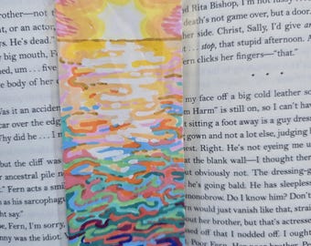 Colorful Abstract Ocean Sunset Drawing Paint Marker Illustration on Paper Bookmark with Clear Plastic Sleeve