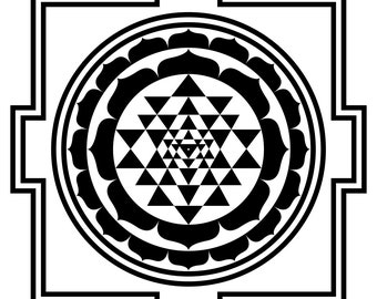 May include: A black and white Sri Yantra, a sacred geometric symbol in Hinduism, surrounded by a lotus flower design. The symbol is enclosed within a square with a gate at each corner.