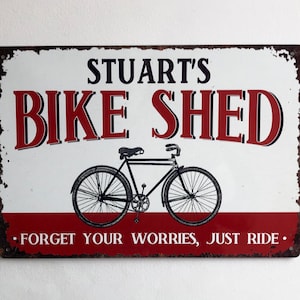 Bike Shed Sign Personalised, Metal Shed Sign, Bicycle Sign, Cyclist, Personalised Gift