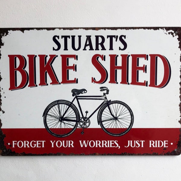 Bike Shed Sign Personalised, Metal Shed Sign, Bicycle Sign, Cyclist, Personalised Gift