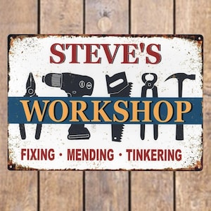 Workshop Tools Sign Personalised, Tool Shed, Garage, Man Cave Metal Sign