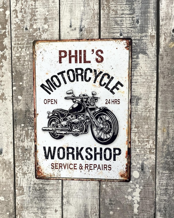 Personalised Motorcycle Garage Workshop Sign, Metal Vintage Style Biker Gift