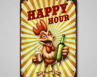 Happy Hour Rooster Bar Sign: Vintage Style Metal Decor