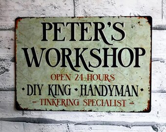 Personalised Workshop Sign, Shed, Garage, Metal Sign, Vintage Style Handyman Gift