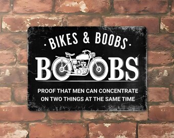 Motorcycle Sign, Fun Biker Gift, Bikes & Boobs, Garage Decor, Aluminum Metal Sign
