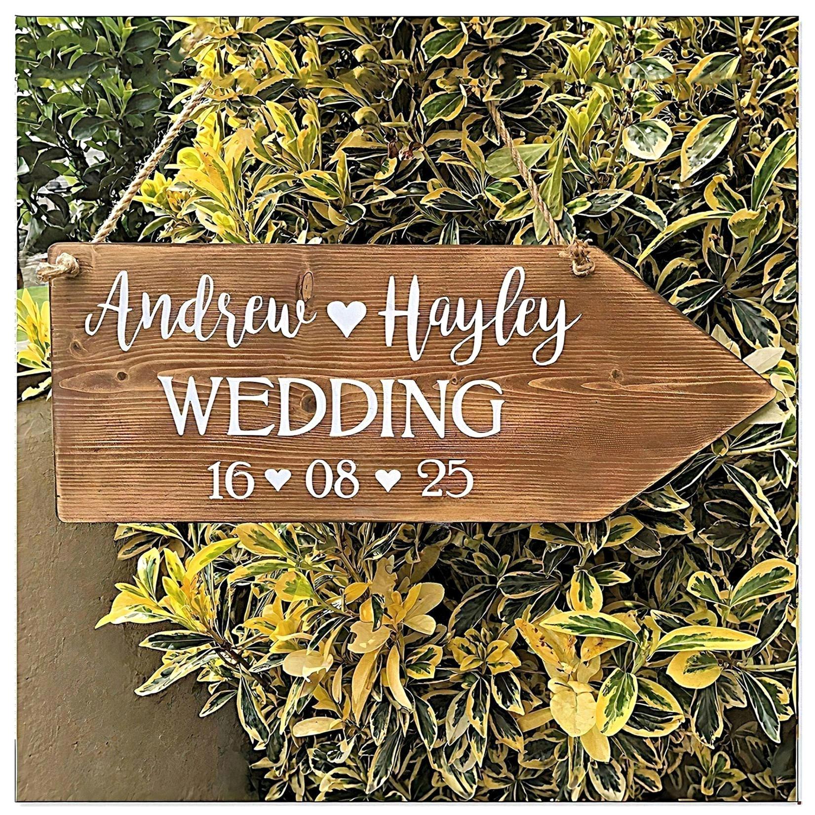 Personalised Wedding Direction Arrow Sign, Rustic Oak-Stained Wood Personalised Wedding Direction Arrow Sign, Rustic Oak-Stained Wood