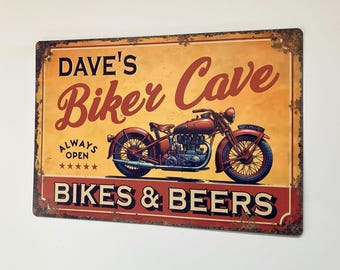 Bike Cave Sign Personalised, Vintage Retro Metal Garage Sign, Motorbike, Motorcycle Biker Gift