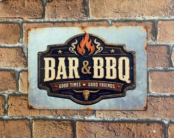 BAR & BBQ Metal Garden Sign: Vintage Style Aluminium Metal Outdoor