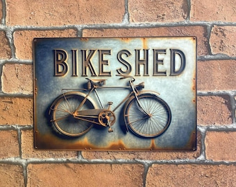 Bike Shed Sign, Vintage Style Metal Cyclist Gift