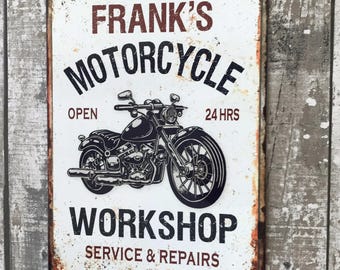 Personalised Motorcycle Garage Workshop Sign, Metal Vintage Style Biker Gift