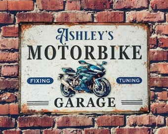 Motorbike Garage Personalised Sign, Metal Motorcycle Workshop, Biker Gift Vintage Style