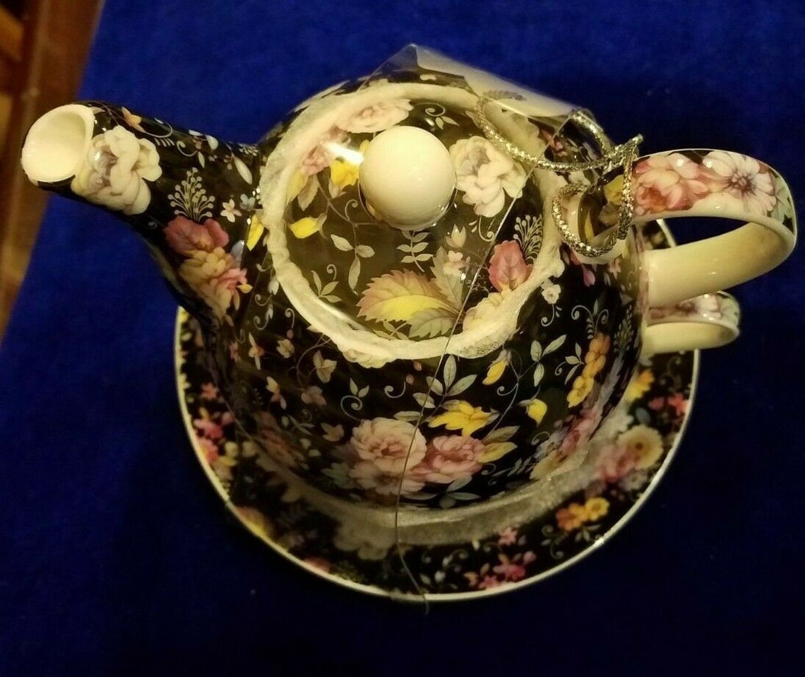 Stechcol Gracie Bone China Black Floral Teapot and Saucer Etsy