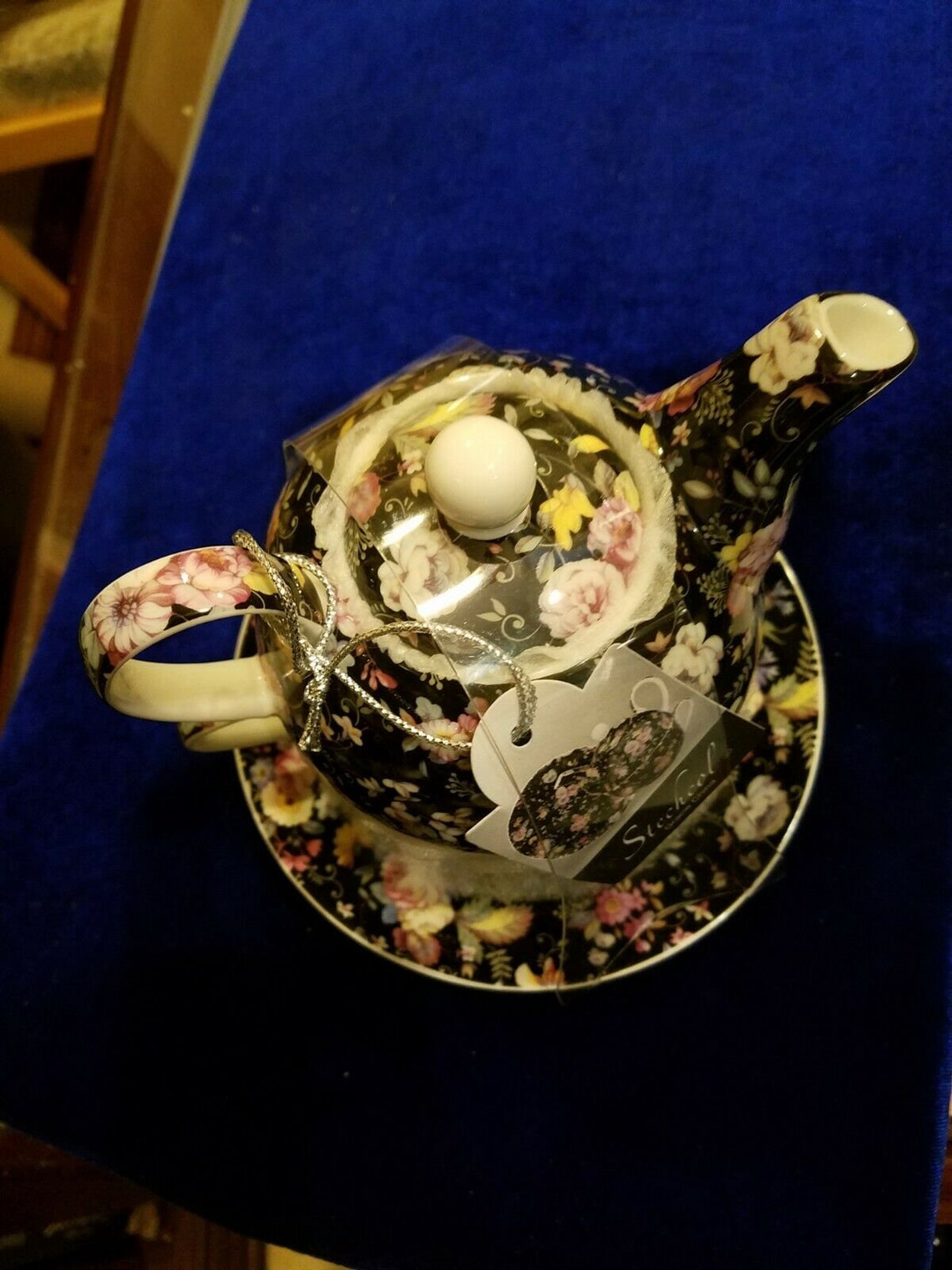 Stechcol Gracie Bone China Black Floral Teapot and Saucer Etsy