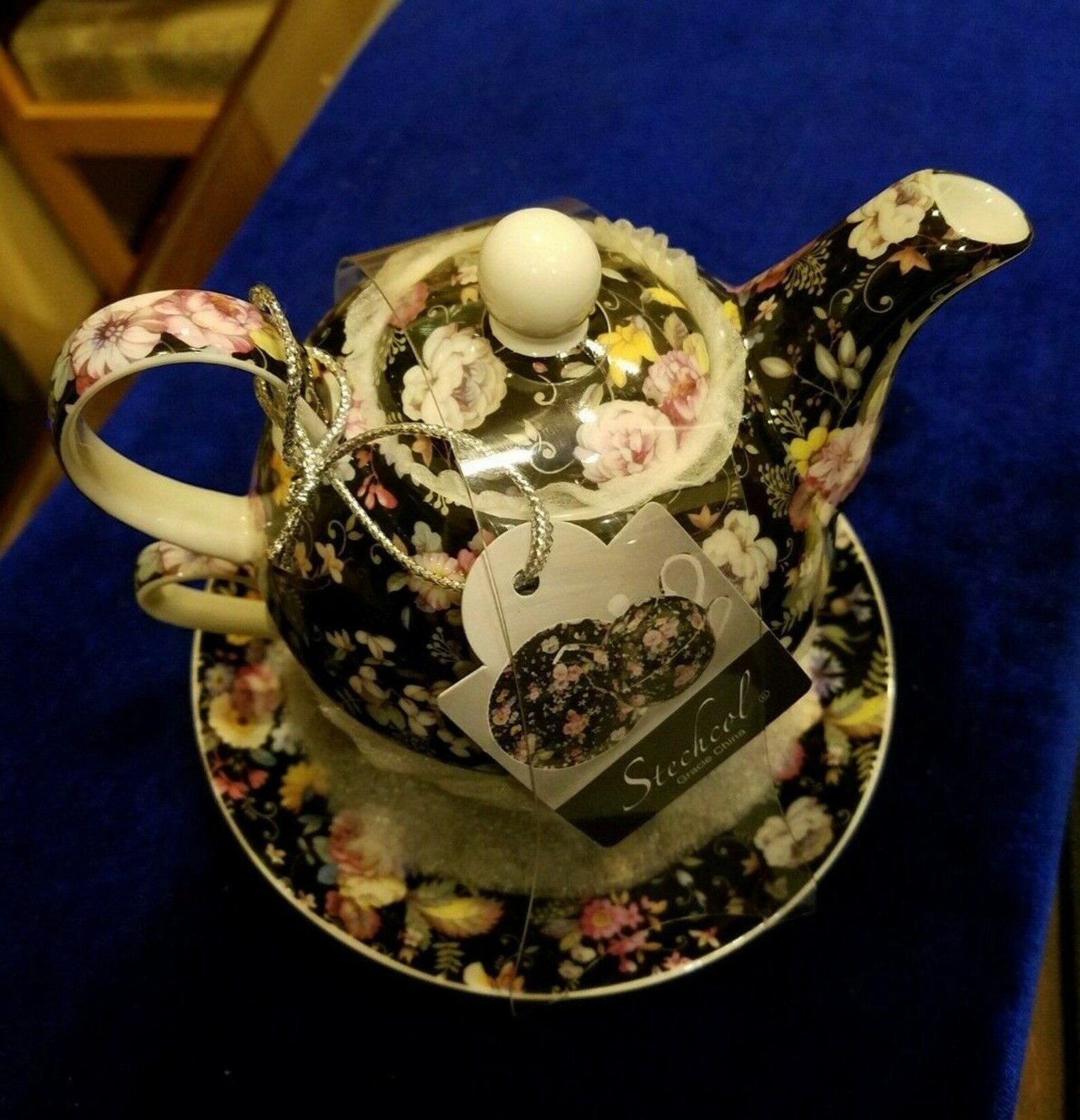 Stechcol Gracie Bone China Black Floral Teapot and Saucer Etsy