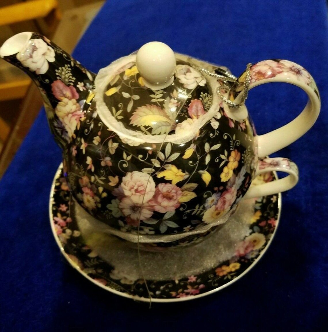 Stechcol Gracie Bone China Black Floral Teapot and Saucer Etsy