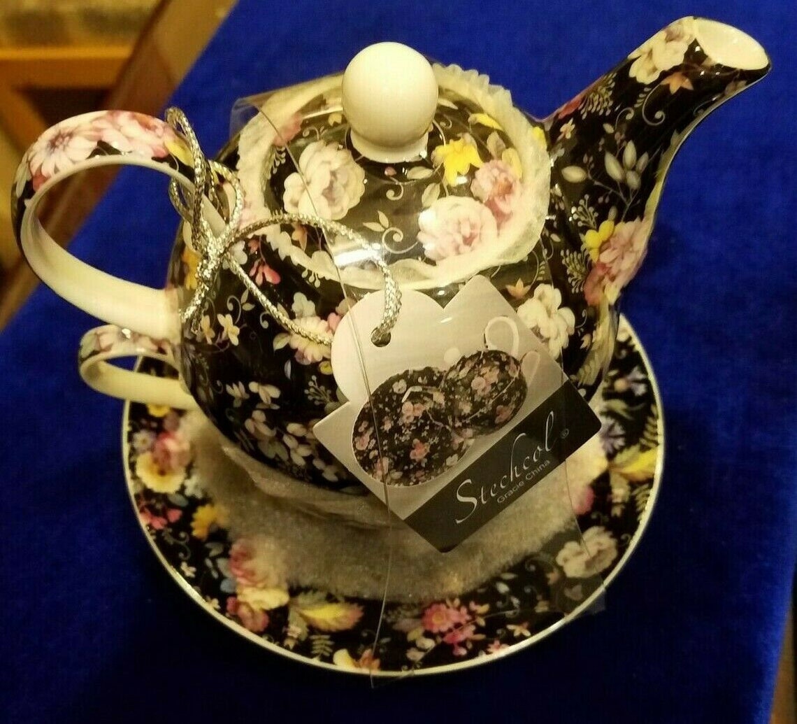 Stechcol Gracie Bone China Black Floral Teapot and Saucer Etsy