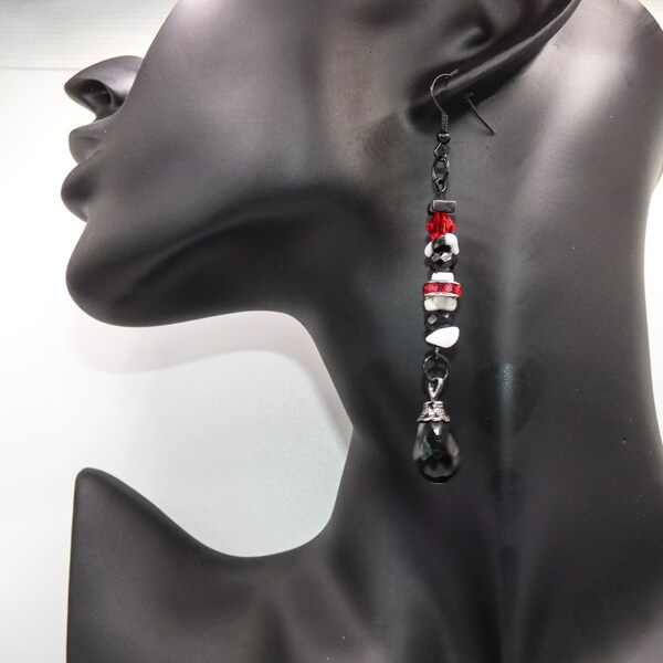 Dressy black teardrop & red rhinestone studded earrings. Perfect for work to evening wear.