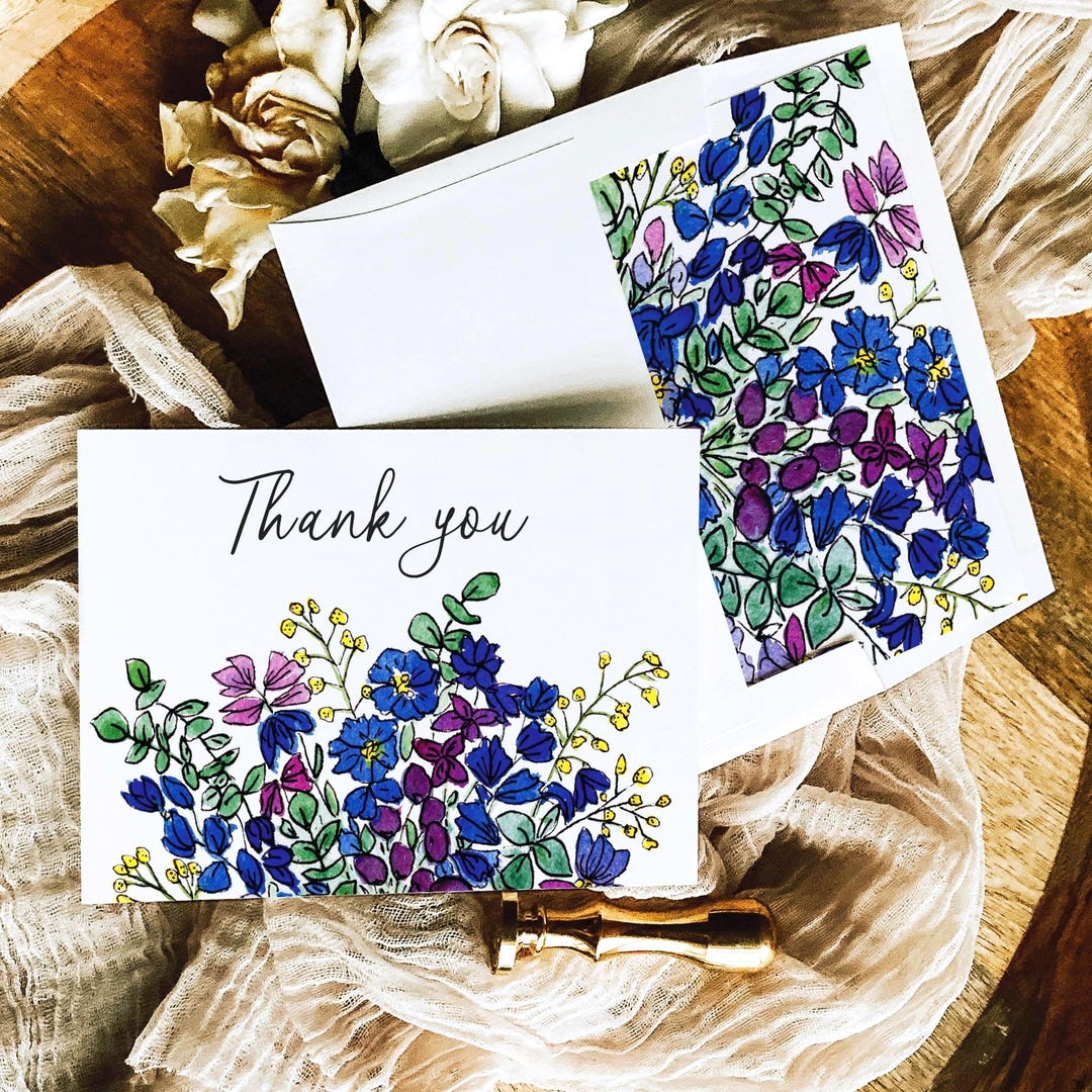 Blue Floral Watercolor Thank You Cards With Envelope Liners | Set of 8 ...