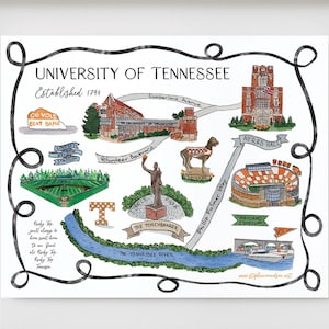 Universidad de Tennessee Knoxville - Mapa ilustrado en acuarela / Opción de personalizar / Hecho por artistas / Pintado a mano
