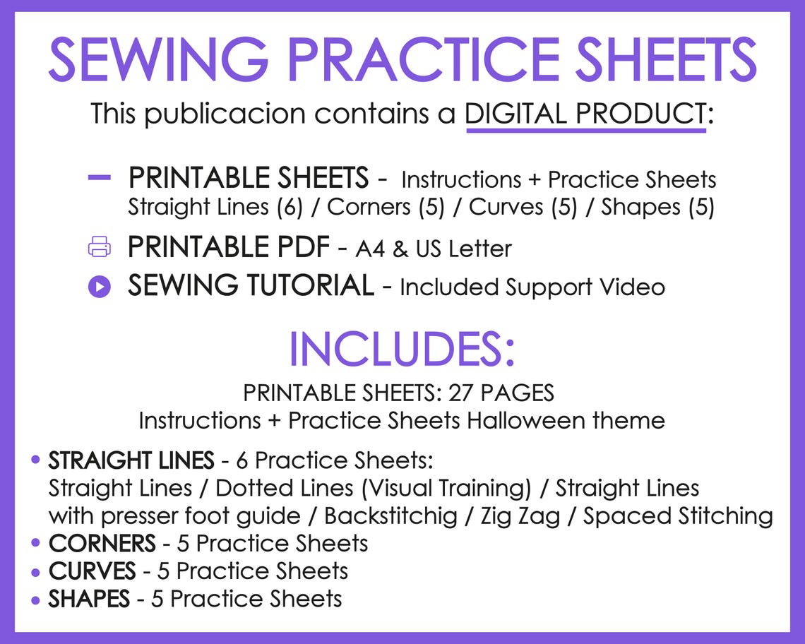 Printable Tutorial Sewing Practice Sheet PDF, Beginner Sewer, Learn to ...