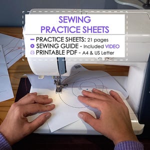 Puede incluir: Máquina de coser en uso con una hoja de práctica de papel blanco. El texto de la hoja dice "SEWING PRACTICE SHEETS". La imagen también incluye el texto "PRACTICE SHEETS: 21 pages", "SEWING GUIDE - Included VIDEO" y "PRINTABLE PDF - A4 & US Letter".