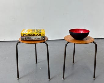 Vintage 1950s Pair of Arne Jacobsen Style Plywood Dot stools.  Danish Mid Century Retro
