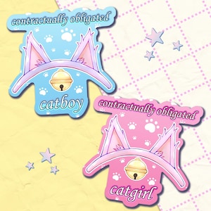 May include: Two stickers with cat ear designs. One is light blue with the text "catboy" and "contractually obligated." The other is pink with the text "catgirl" and "contractually obligated." Both have paw prints and star accents.
