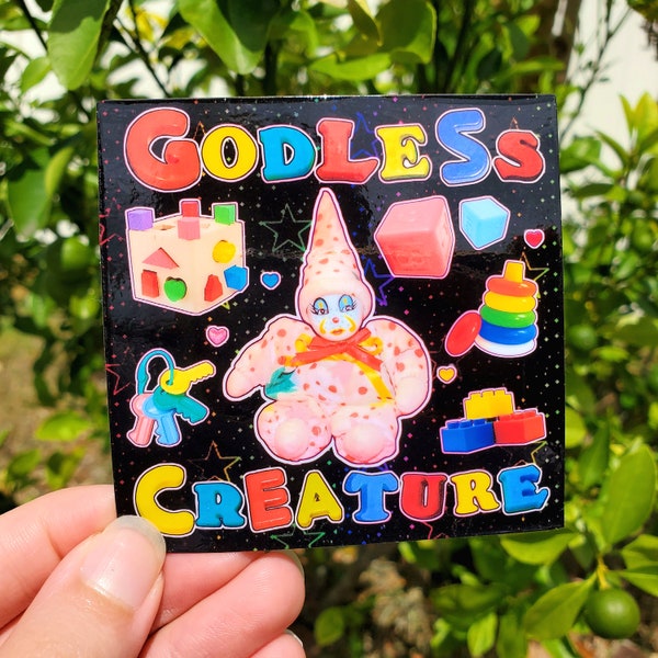 godless creature | 3" vinyl sticker | clowncore kidcore toycore weirdcore funny meme sticker