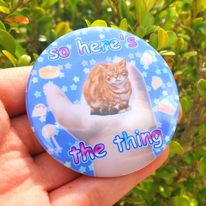 May include: A blue and white button with a cat and the text "so here's the thing". The cat is brown and white and has its eyes closed. The button is decorated with stars and candy.