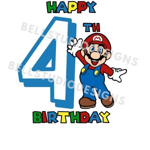 Super mario 4° compleanno per maglietta SVG, PNG, jpg, quarto compleanno, Cricut, Silhouette Cameo, download immediato, topper per cupcake, maglietta