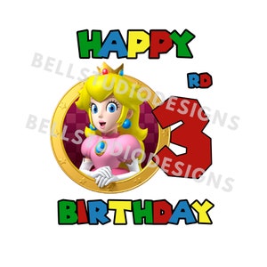 Super Mario 3er cumpleaños PNG JPG, Cumpleaños de la princesa Peach PNG, Cricut, Silhouette Cameo, Imagen de archivo cortado, 3er cumpleaños de Peach, Peach tercero png