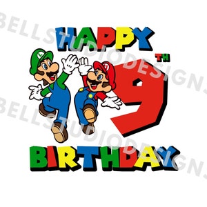 Super Mario 9e anniversaire SVG, PNG, jpg, anniversaire de mario et luigi, neuvième anniversaire de mario, svg luigi 9e anniversaire, Mario & Luigi svg