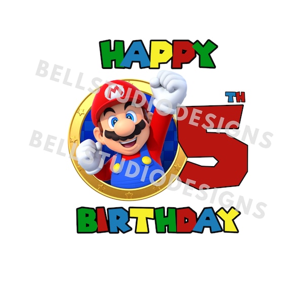 Super Mario 5th birthday PNG JPG, Mario birthday PNG, Cricut, Silhouette Cameo, Cut File image, Mario 5th birthday, Mario fifth birthday png