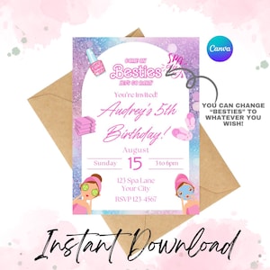 Pink doll spa birthday Invitation, Pink Doll pamper Birthday Party, fashion doll Party, Digital Invite, Printable Template, Canva invitation